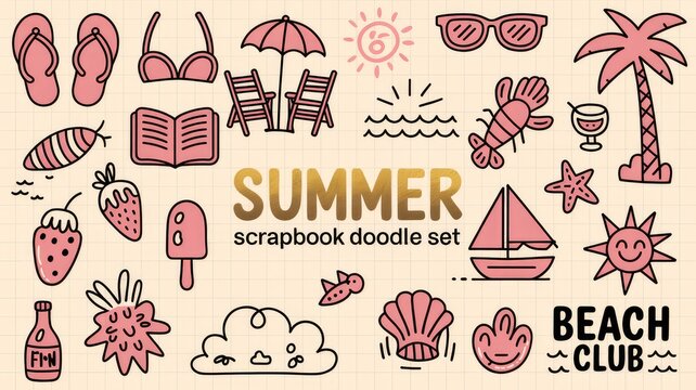 A playful summer-themed doodle illustration set featuring hand-drawn beach and vacation icons arranged across a soft beige grid background. Designed in a sketchy pink and black line-art style, the com