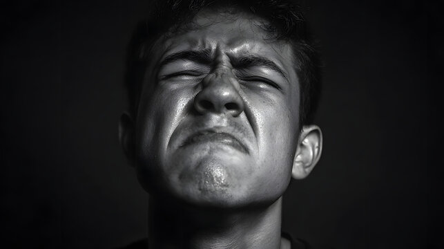 Close-up black and white portrait of a young person expressing strong disgust or displeasure with eyes squeezed shut