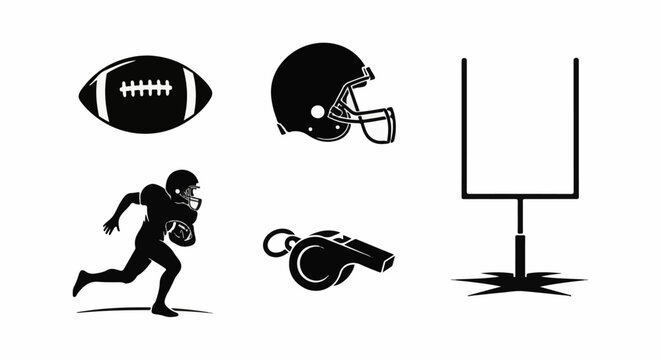 Silhouette of American football elements a ball, a player, a helmet, a whistle, and goalposts