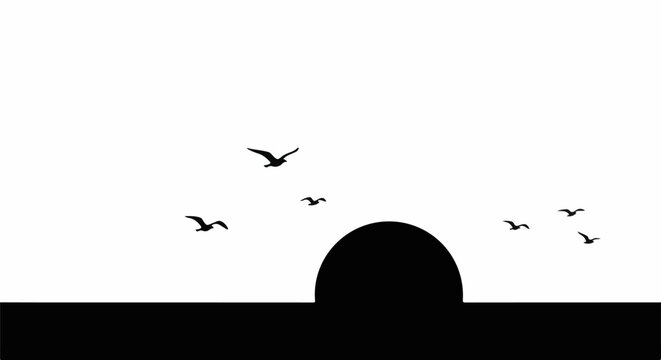 Silhouette of birds in flight against a bright sky with a black semicircle
