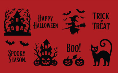 Halloween icons and greetings on red background vector set with haunted house black cat trick or treat spooky season halloween © Md Mujahid Fakir