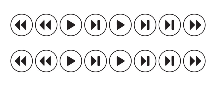 Various media navigation buttons featuring skip play and pause symbols on transparent background.