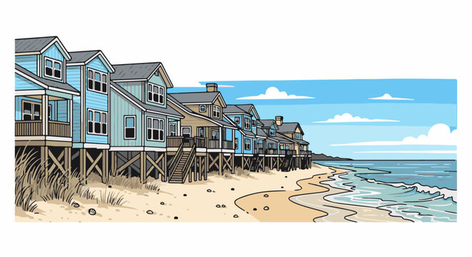 Row of colorful stilted beach houses on a sandy shore with gentle waves under a blue sky