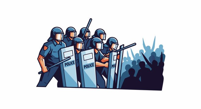 Riot police with shields confront a silhouetted crowd