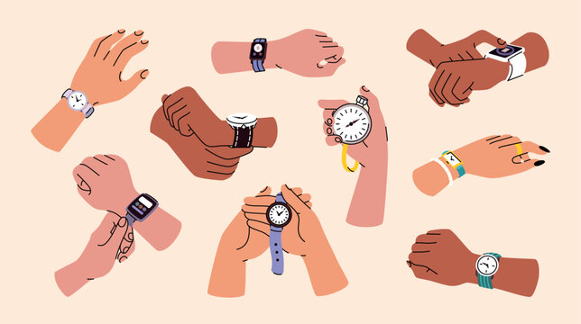 Cartoon icons and stickers of human hands with wristwatch and bracelets. Illustration of arms putting on wristwatch. Hands with fashionable expensive luxury watches. Classic mechanical accessories. 
