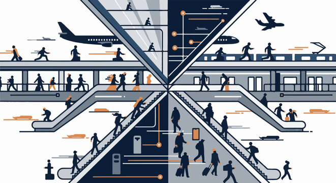 Stylized airport and train station scene with people, planes and trains