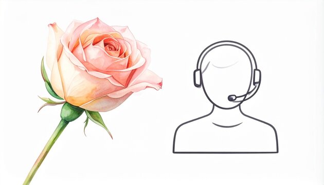 Pink rose flower next to minimalist customer support headset icon in line art style on white background