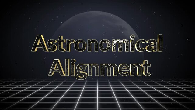 Astronomical alignment 4k motion graphics with gold text and grid background