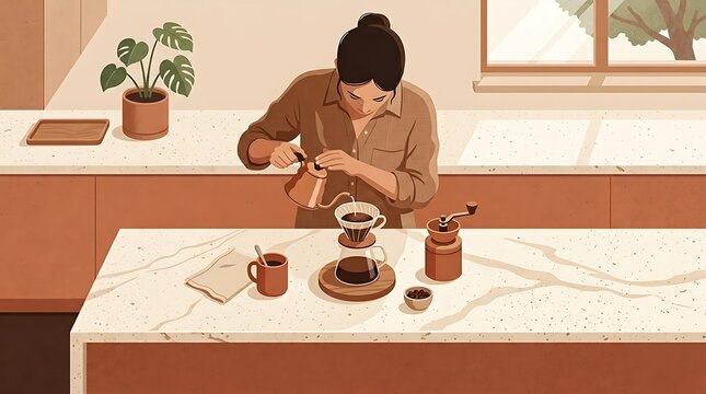 An aesthetic flat minimalist vector showing a woman using a manual hand grinder to prepare fresh coffee beans at a modern kitchen island with a marble texture countertop