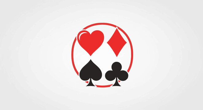 Red circle framing four classic card suits - heart, diamond, spade, club
