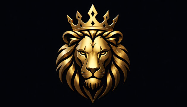 Golden lion head with crown on black background symbolizing royalty and power