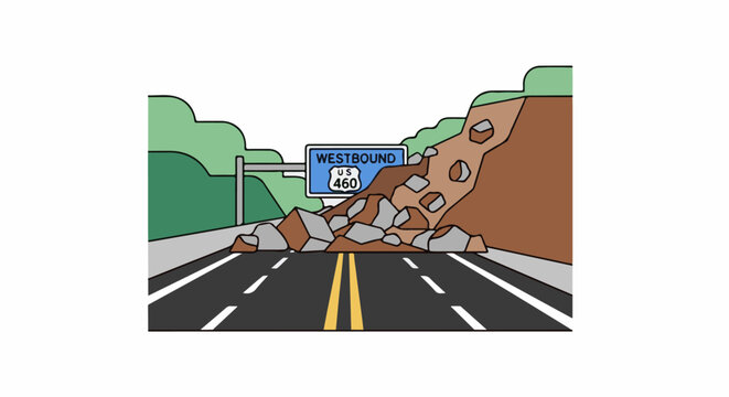 Road blocked by rockslide with a Westbound 460 sign