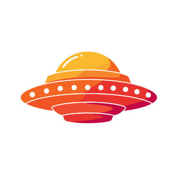 Colorful clipart of a red and yellow UFO on a transparent background with copy space. This illustration is suitable for sci-fi blogs, gaming websites, and kids stationery design.