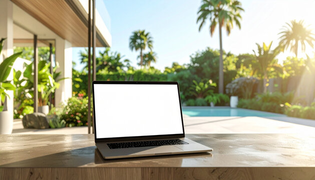 Modern laptop with blank white screen mockup on outdoor white table by the pool, tropical resort background with palm trees and sunny blue sky, digital nomad lifestyle.