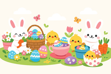 Fototapeta premium Cute Easter Bunny and Chick Illustration with Colorful Decorated Eggs, Wicker Basket, Teacup, and Spring Flowers in a Kawaii Cartoon Style for Holiday Greeting Cards and Seasonal Decorations