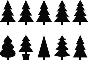 Obraz premium Set of Minimal Black Christmas Tree Silhouettes and Evergreen Icons for Holiday and Winter Design Projects
