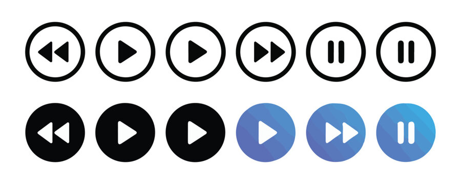 Set of media player control vector icons on transparent background, play, pause, next, back buttons.