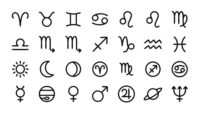Minimalist Set of Astrology and Zodiac Sign Line Icons Featuring Horoscope Symbols, Planets, Sun, and Moon in a Clean Vector Style with Uniform Stroke Width for Modern Graphic Design Projects.