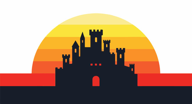 Silhouette of a majestic castle set against a vibrant, layered sunset