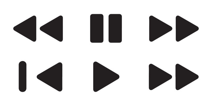 Media control icons including play pause and rewind for web and app interfaces.