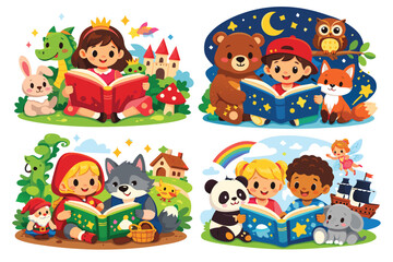 Fototapeta premium Set of four cute cartoon illustrations of children reading fairytale books with animals and magic characters like a dragon, wolf, bear, and fairy, ideal for kids education, storytelling, and library.