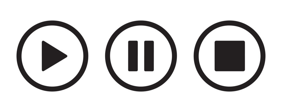 Set of basic media control buttons featuring play pause and stop symbols in black circular frames.