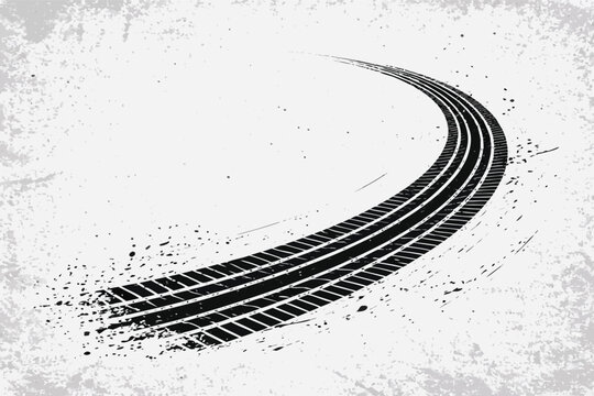 Curved Tire Track Vector Illustration with Grungy Road Marks and Skid Trace. Black Automotive Tread Pattern on Textured Background for Racing, Drifting, Speed, and Transportation Graphics.