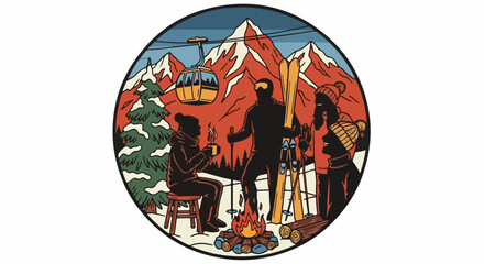 Obraz premium Silhouetted skiers gather around a campfire with a ski lift and snowy mountains