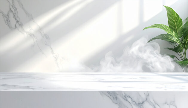White marble table top with abstract smoke fog on bright studio background for product display