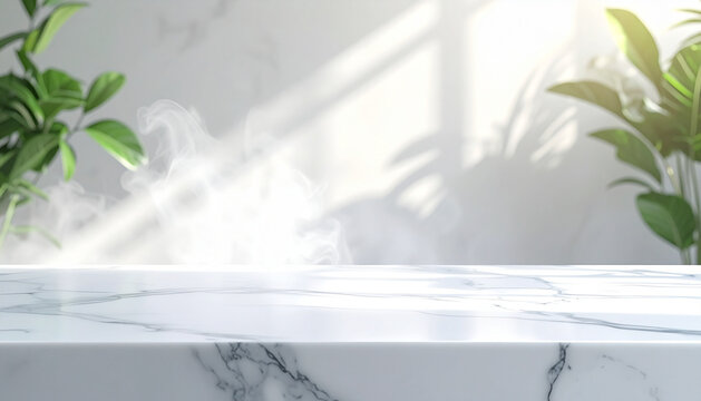 White marble table top with abstract smoke fog on bright studio background for product display