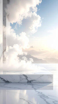 Minimalist marble podium with ethereal white clouds and blue sky background for product placement
