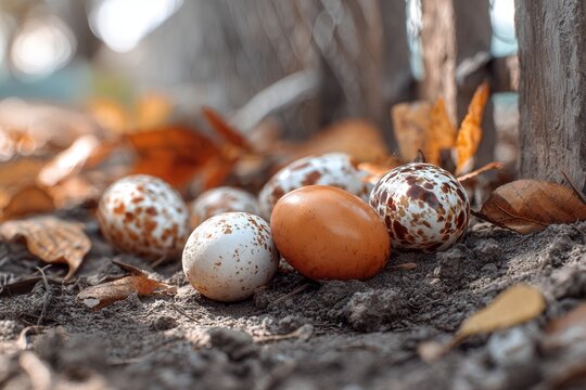 Bird eggs in nest on ground with autumn leaves