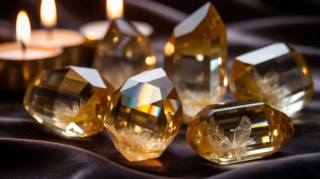 Elegant Cut Citrine Gemstones with Reflection and Candlelight Background