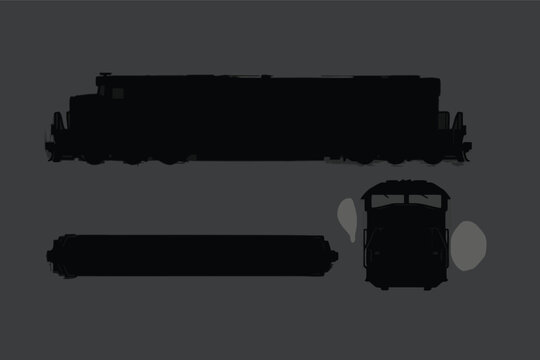 Isolated Diesel Cargo Train Locomotive Silhouette Set with Side Top and Front Views. Black Drawing of a Railway Engine Shape Blueprint for Logistics, Industrial Delivery, and Transport Concepts.