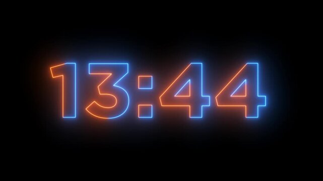 glowing neon 15 minute Countdown. neon 15 to 14 minute Countdown timer on black background.