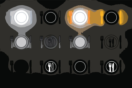 Restaurant and Dining Icon Set Featuring Plate Fork and Knife Symbols in Flat Outline and Silhouette Styles with Glowing Neon Effects on Dark Background for Menu Design and Food App Interface