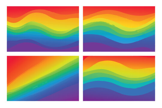 Set of colorful rainbow gradient backgrounds with smooth abstract mesh blends in LGBTQ pride flag colors. Vibrant wavy and diagonal patterns for pride month, social media, and graphic design.