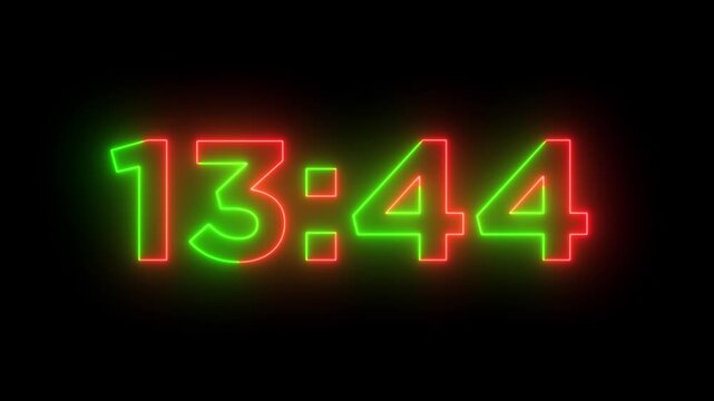 glowing neon 15 minute Countdown. neon 15 to 14 minute Countdown timer on black background. neon Countdown timer from 15 minute to 14 minute.