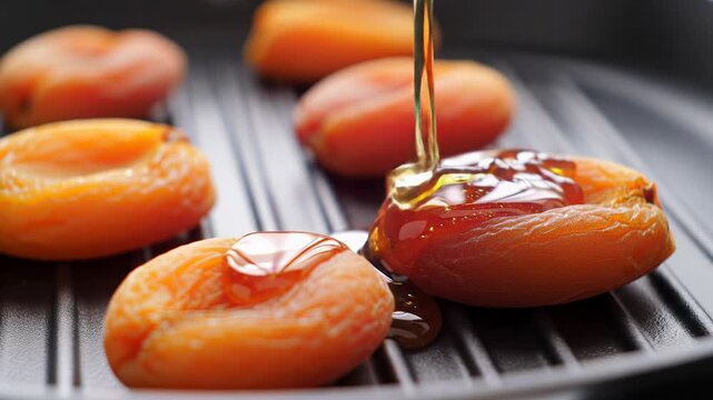 Extreme close-up macro video of vibrant red, glossy dried apricots and succulent dates on a dark cast-iron grill pan. Golden honey slowly poured, coating each piece. Ultimate indulgence and dessert