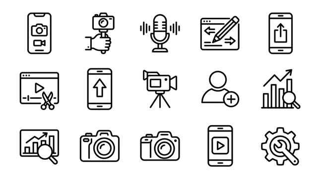 Comprehensive collection of line icons representing digital content creation, video production, photography, and social media tools for online marketing and creative projects
