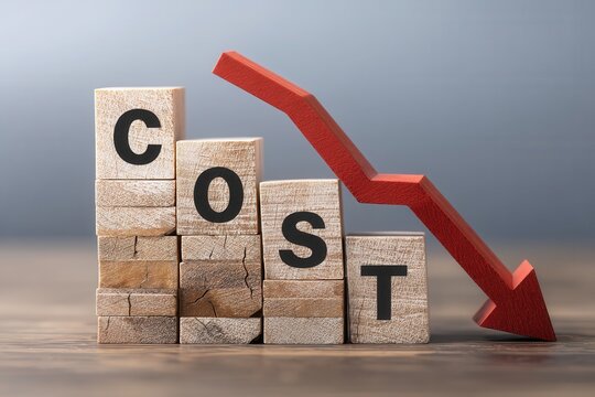 Cost reduction graph with falling arrow and wooden blocks