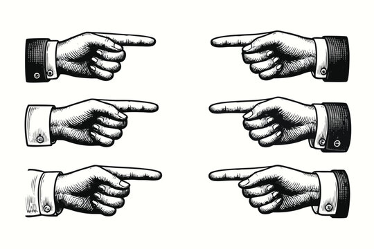 Detailed set of six vintage engraving style pointing hand silhouettes in black on white background featuring various cuff designs for directional signs fingers index pointing left and right icons.
