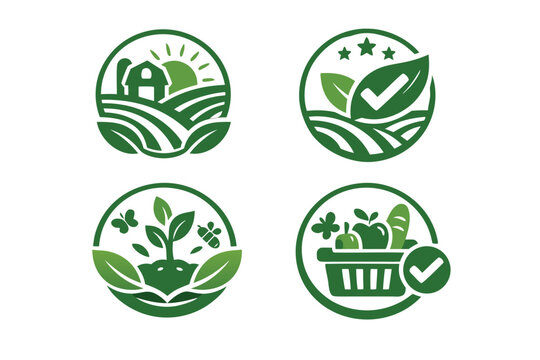 Set of four green organic certification stamps and logos representing sustainable farming, eco-friendly agriculture, quality food standards, and natural products with barn, leaves, and basket.