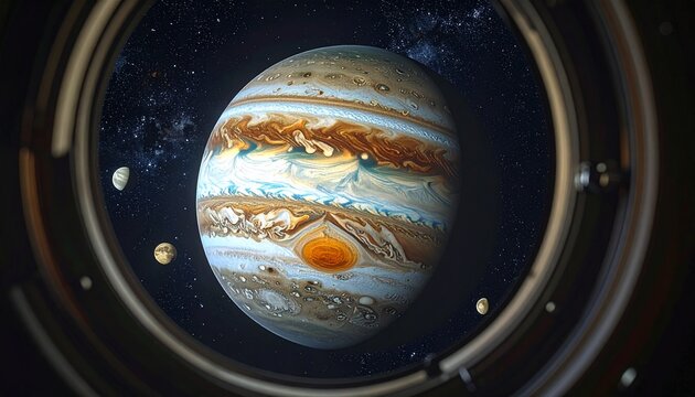 Jupiter planet with Galilean moons visible through telescope eyepiece in space observation