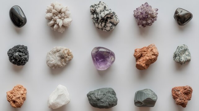 Assorted semi-precious mineral stones and crystals arranged on a white background