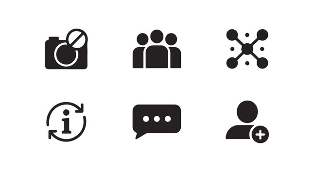 Digital communication icons set for network connections info chat and camera restriction.