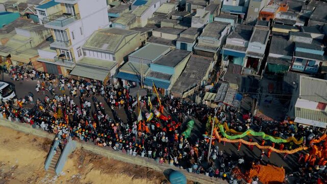 Phuoc Hai Coastal Village Festival: Dragon Dance and Crowds Aerial Shot