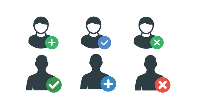 User profile icons with add remove check and cross symbols green blue red.