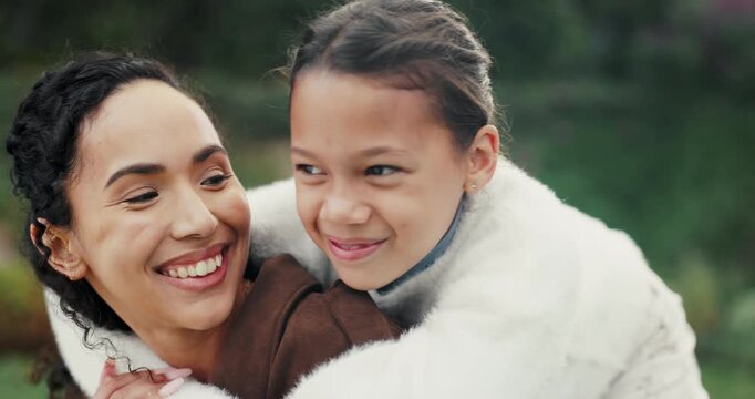 Smile, mother and daughter with hug in nature, connection and family time for relationship development. Security, embrace and woman with child in park, support and happiness for weekend bonding
