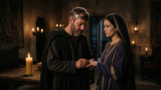 King David and Bathsheba in a dramatic historical scene. Biblical figures in a candlelit stone chamber